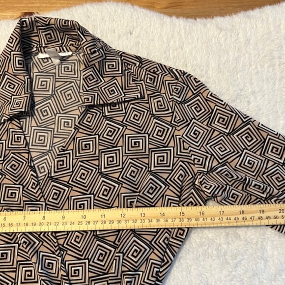 London Times Petites Brown Geometric Print 3/4 Sleeves Mock Wrap Dress Size 8P - Picture 10 of 11